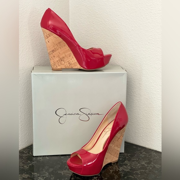 Jessica Simpson Shoes - Jessica Simpson Red Patent Cork Wedge Peep Toe Heels | Size 6.5